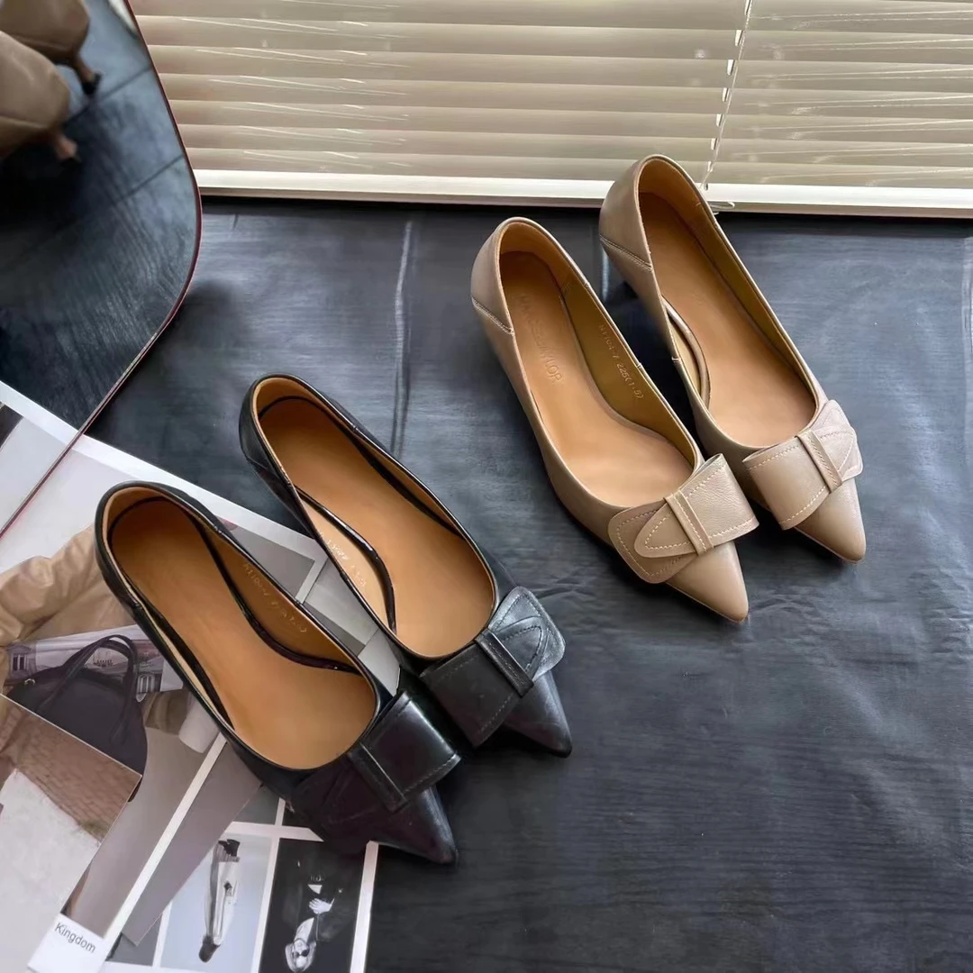 1104-7时尚复古真皮羊皮法式蝴蝶结细跟中跟单鞋浅口尖头低帮鞋