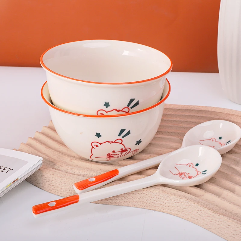 雅诚德奶油熊餐具4.7英寸2碗2勺高温釉下彩可爱米饭碗
