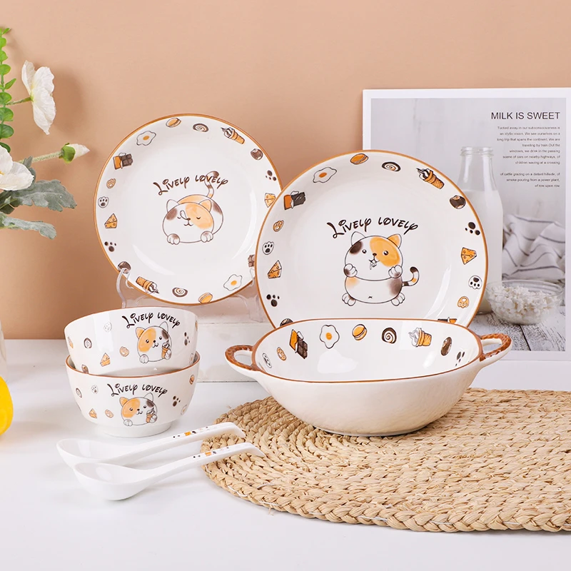 Arst/雅诚德卡通猫可爱餐具陶瓷碗盘勺7件套组耐高温釉下彩新品