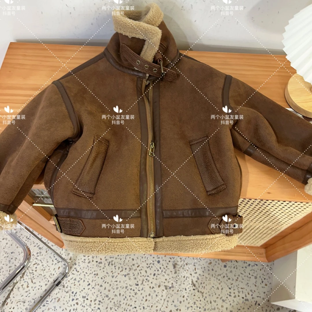 【两个小盆友】儿童冬季一体毛机车皮衣加厚韩版中小童外套21898