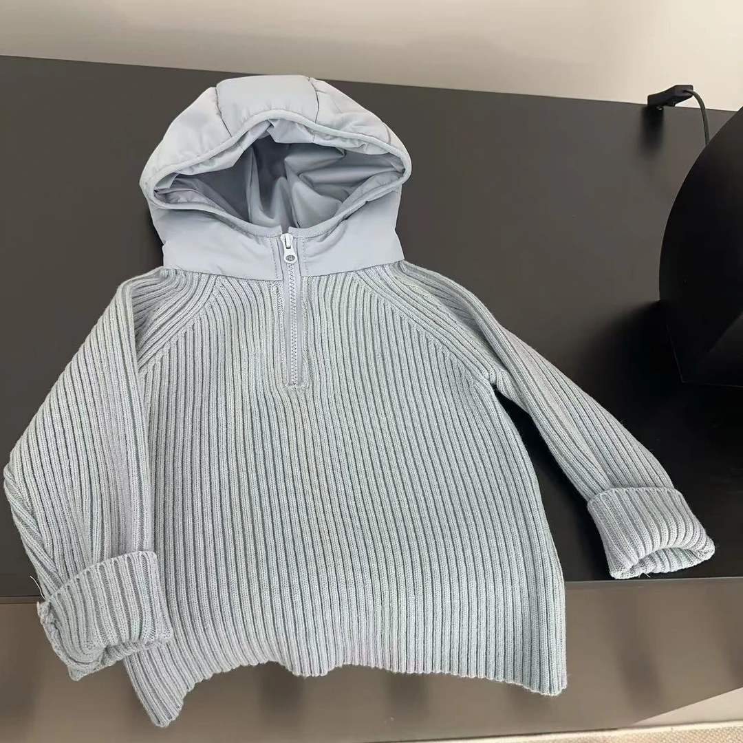 【两个小盆友】2024儿童秋冬中小童韩版纯色针织衫宽松连帽毛衣7760