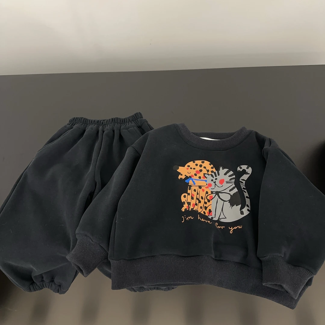 【小盆友现货】2024秋冬儿童韩版休闲宽松卡通卫衣加绒加厚套装9991