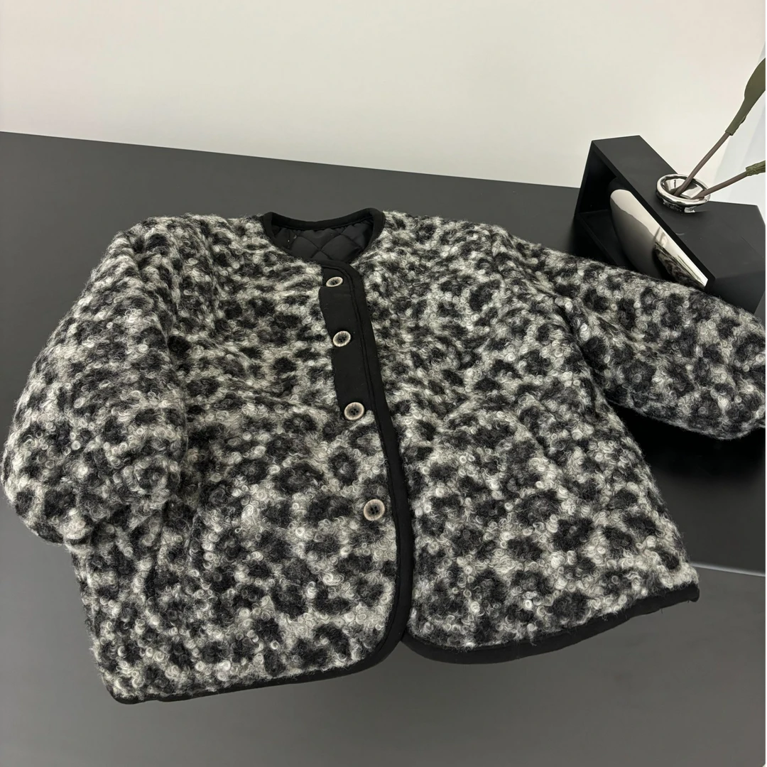 【两个小盆友】秋冬季新款儿童宽松韩版中小童深系豹纹棉服外套3855