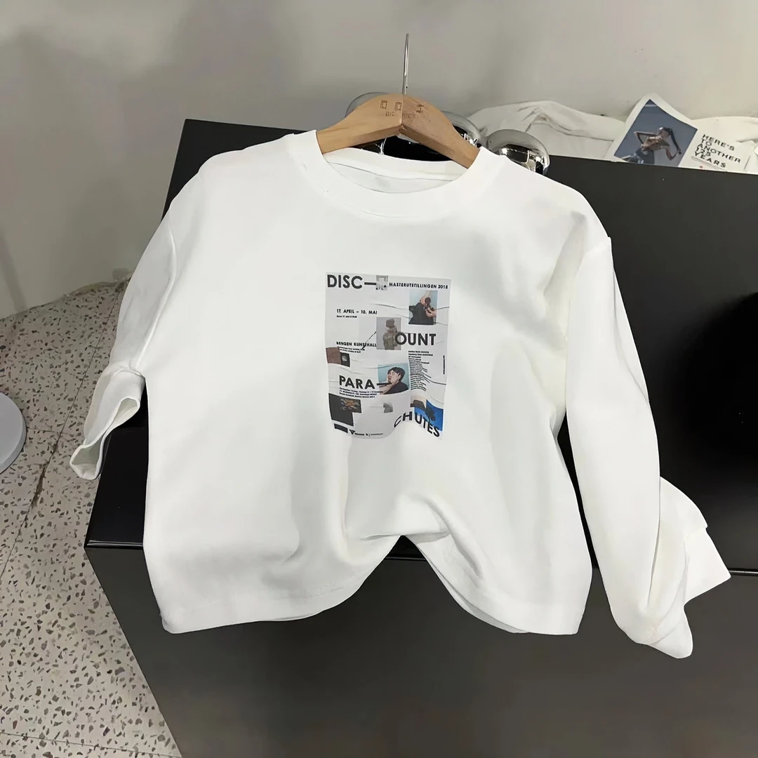 【小盆友】春秋韩版长袖圆领宽松打底白色印花吸汗中性T恤1827