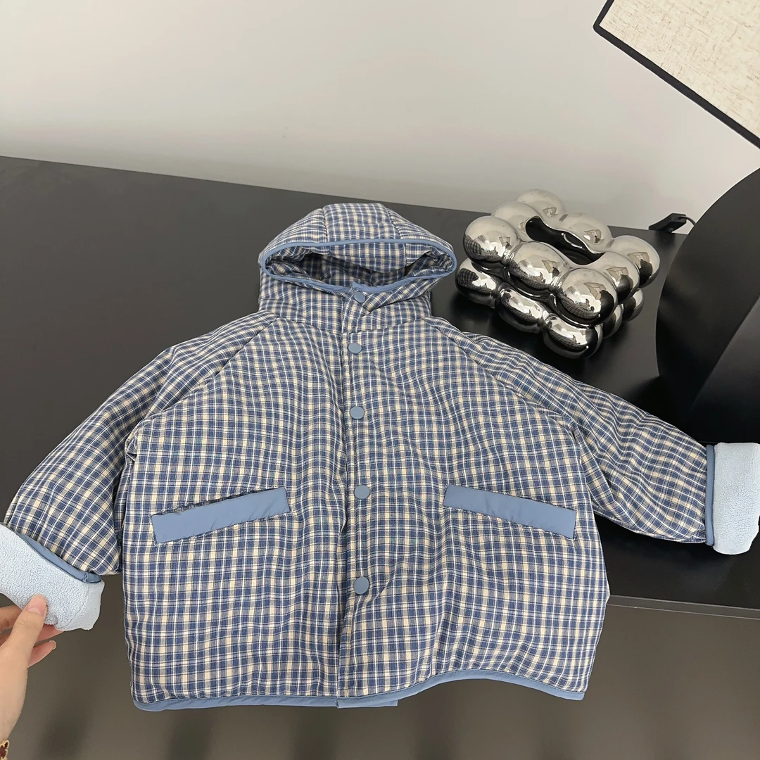 【小盆友现货】2024冬季新款格子时尚韩版休闲连帽加绒棉服外套5663