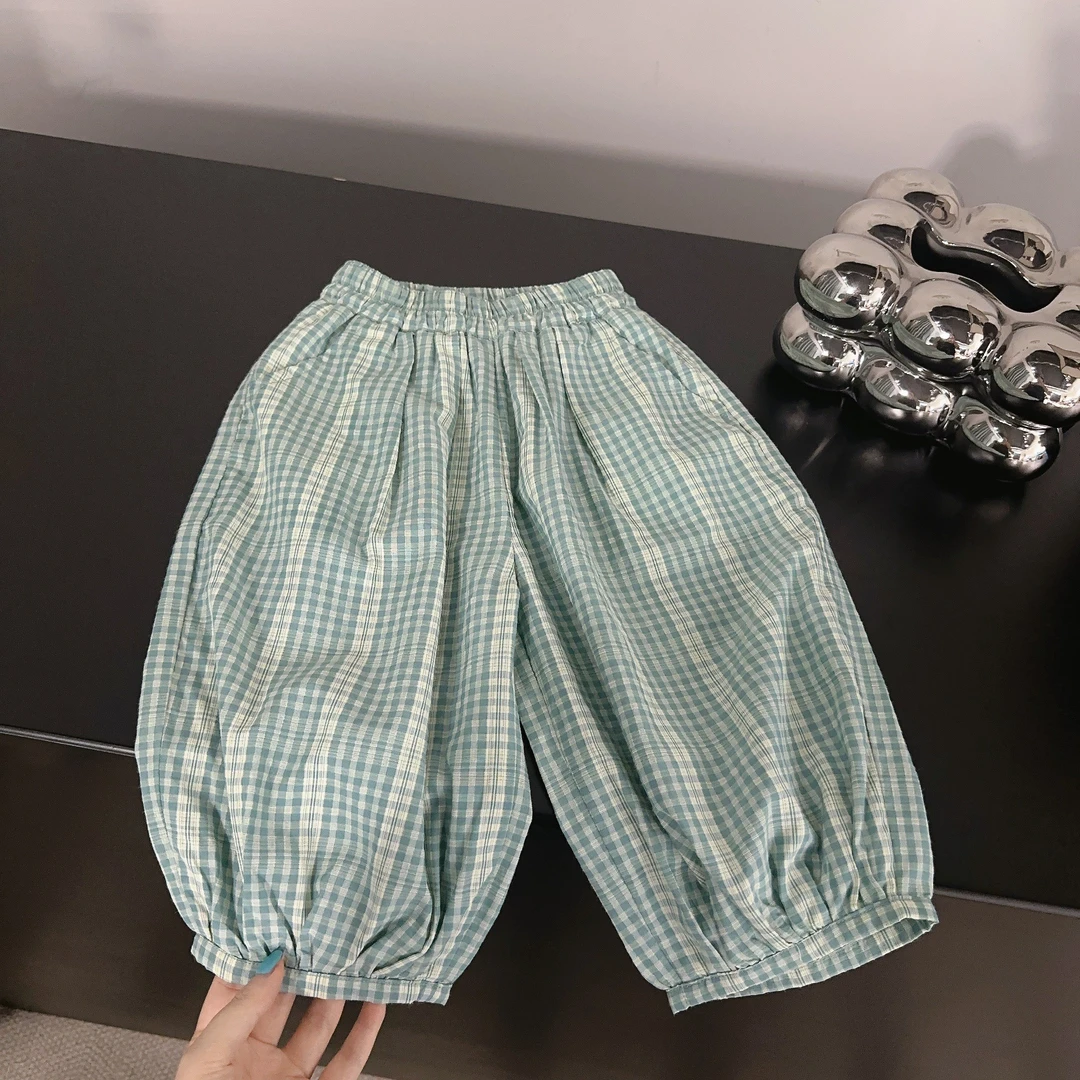 【两个小盆友】儿童夏季休闲百搭宽松格子潮流中小童防蚊九分裤4979