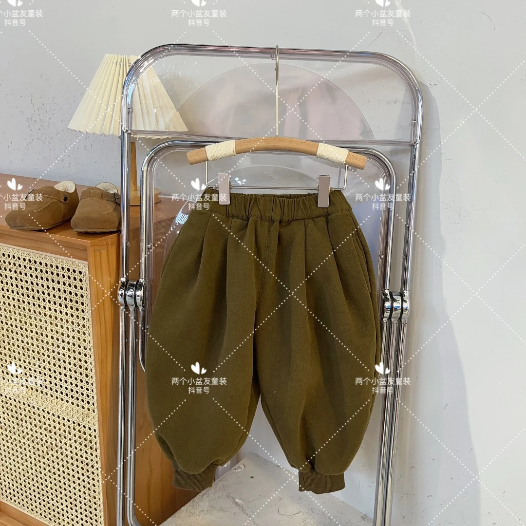 【清仓】2023冬季儿童纯色休闲加绒束脚卫裤宝宝冬款一体绒裤子