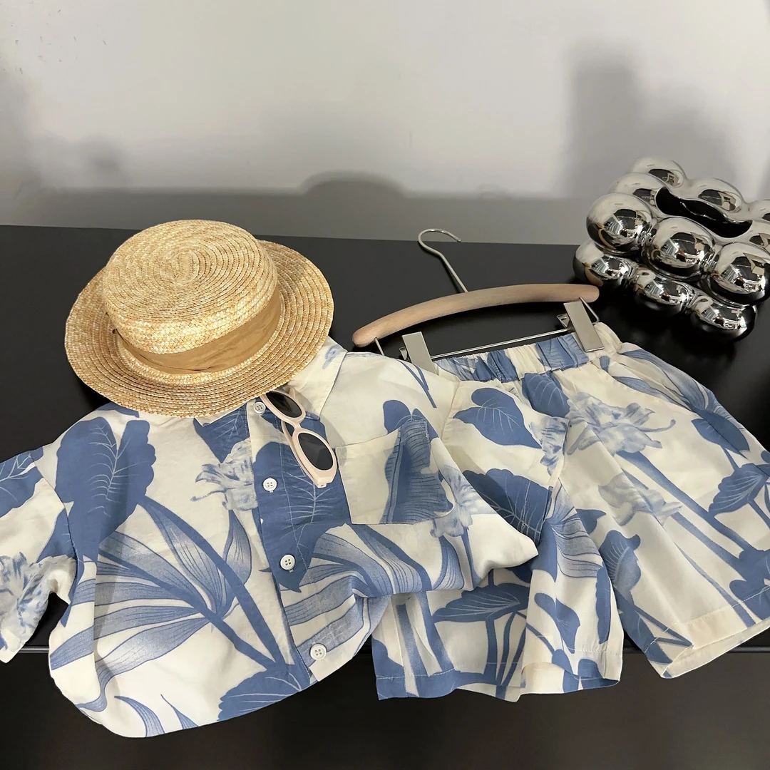 【两个小盆友】夏季童装中小童韩版宽松荷花衬衫短裤时尚套装2680