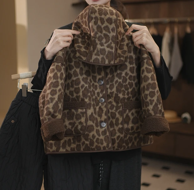 【小盆友现货】2025冬季新款中小童豹纹加绒毛呢外套儿童呢大衣6883