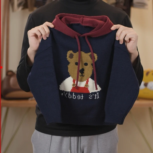 【两个小盆友】2024冬季儿童韩版宽松卡通熊连帽休闲针织衫毛衣6465
