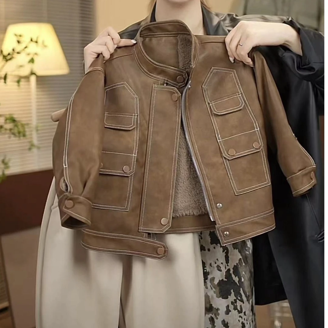 【两个小盆友】儿童冬款新款皮衣韩版时尚休闲短款加绒机车外套8516