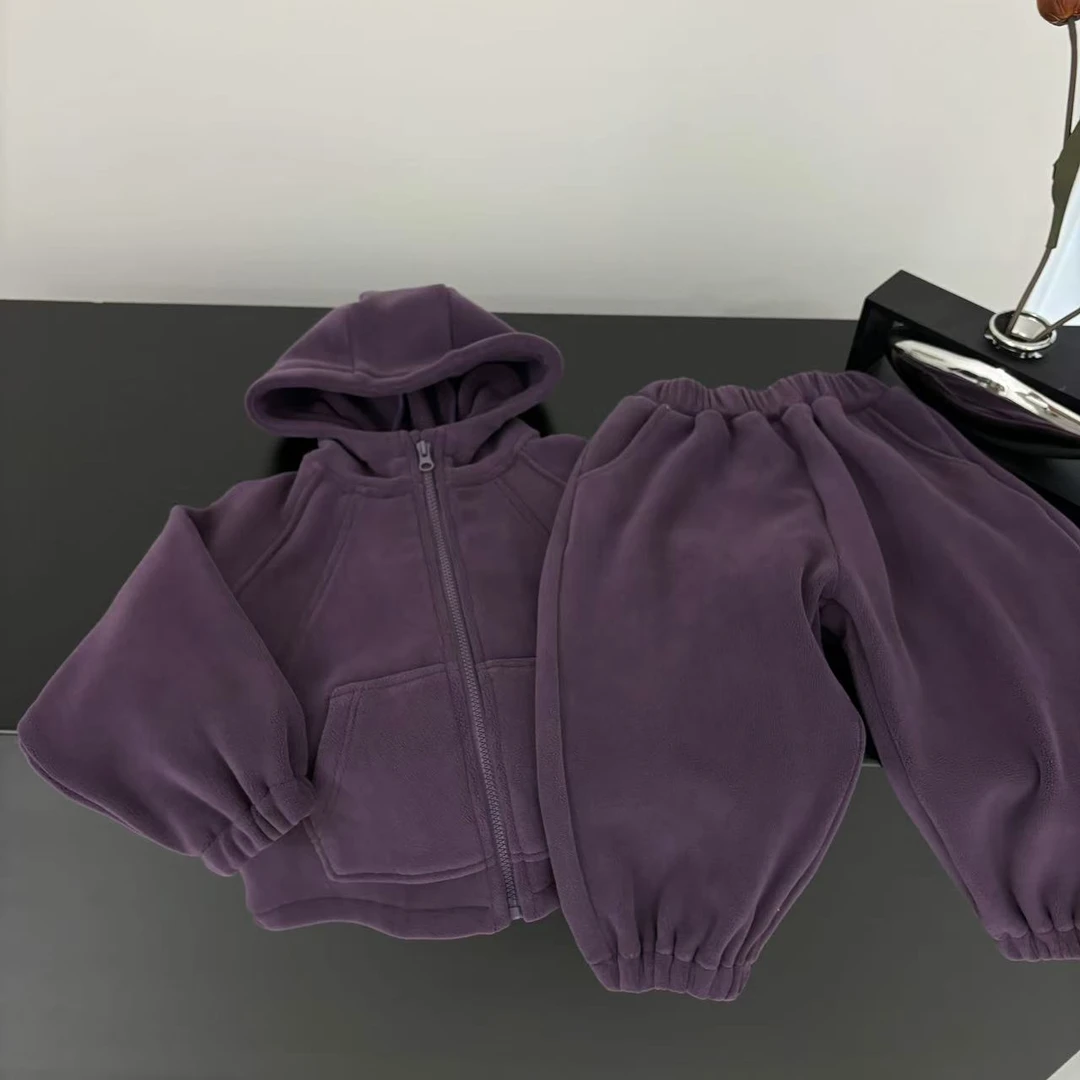 【两个小盆友】2024秋冬儿童韩版纯色宽松连帽卫衣加绒套装1967