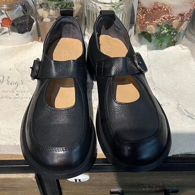 胡同学2024秋牛皮圆头一字带浅口马丽珍舒适百搭乐福单鞋