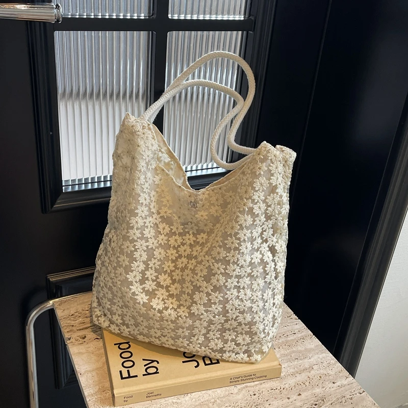 出门旅游网纱花朵单肩包夏季大容量甜美帆布袋仙女托特包腋下包bd