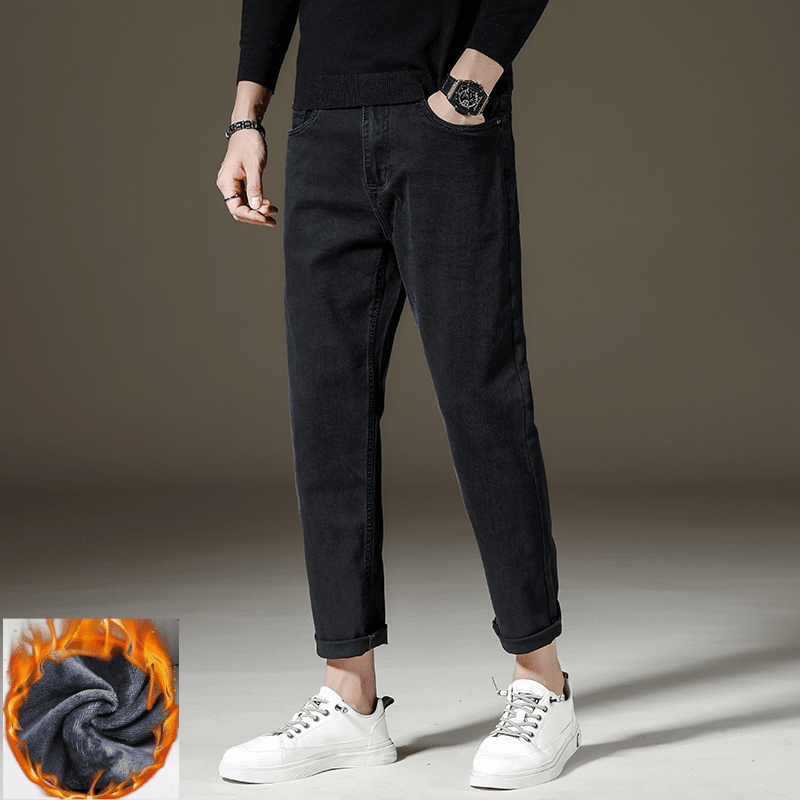 秋冬保暖厚款加绒九分小直筒牛仔裤男士黑色加厚防寒9分显瘦显高