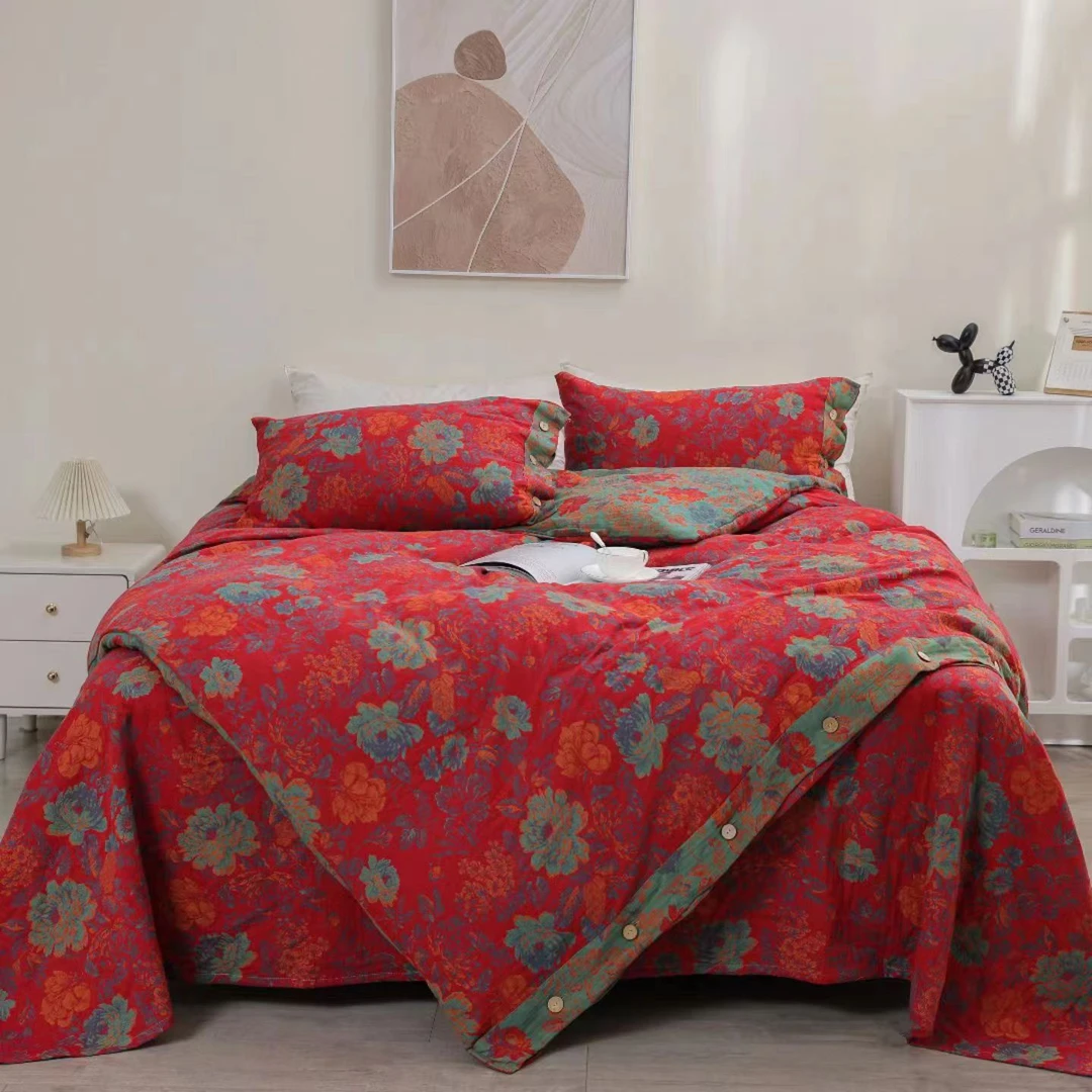 ZISHEN/子申 四件套  红色国色天香 双层纱纯棉 色织 四件套