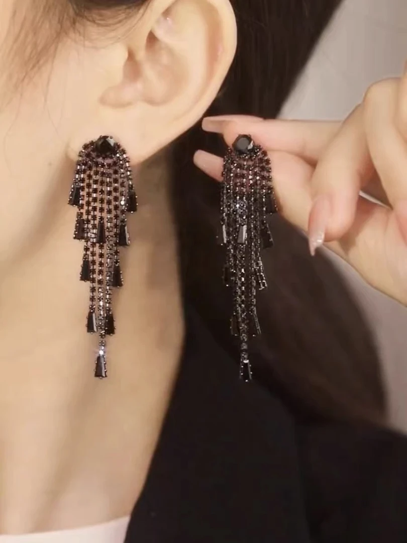 铜合金耳饰 锆石长款流苏耳环时尚个性夸张设计感耳钉高级感小众