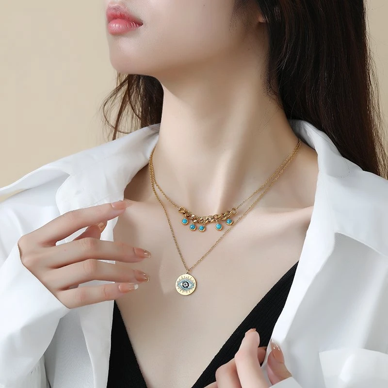 钛钢项链 欧美ins小众设计波西米亚风眼睛吊坠钛钢项链双层颈链
