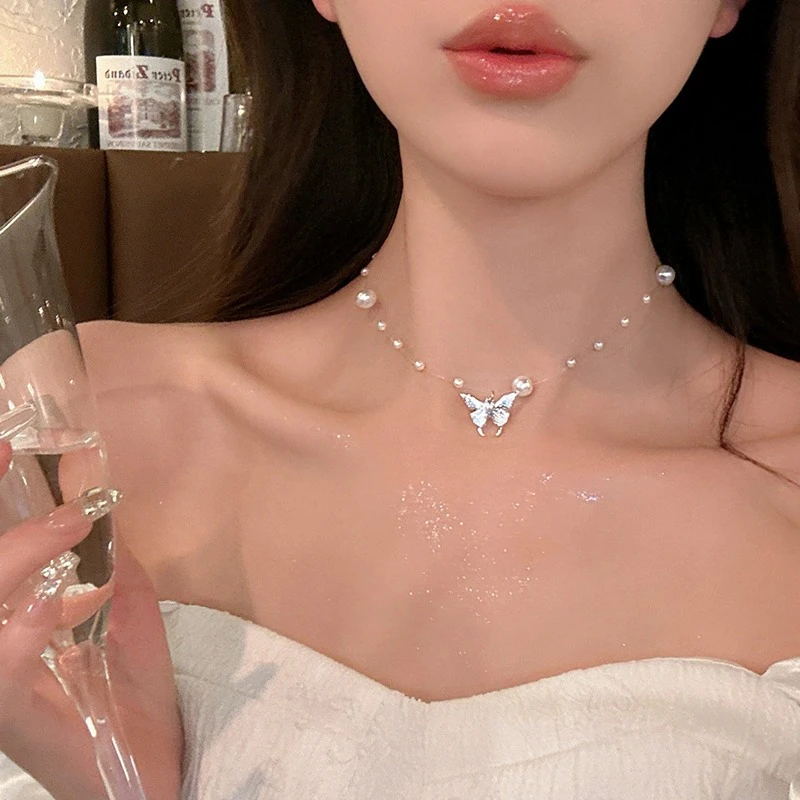 浪漫出圈！鱼线蝴蝶珠珠项链轻奢小众设计感高级颈链锁骨链配饰女