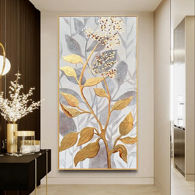 《聚财金叶》纯手绘油画玄关装饰画现代轻奢走廊过道背景墙定制挂画