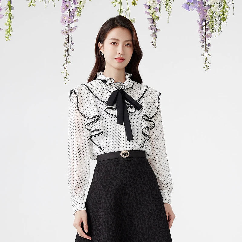 MOJO新款衬衫MJEA02WBL010W21长袖时尚气质小香风波点法式春季