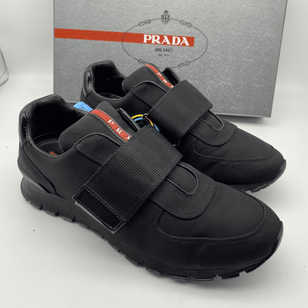 Prada/普拉达二手男士黑色舒适透气休闲魔术贴运动鞋/95新41.5码