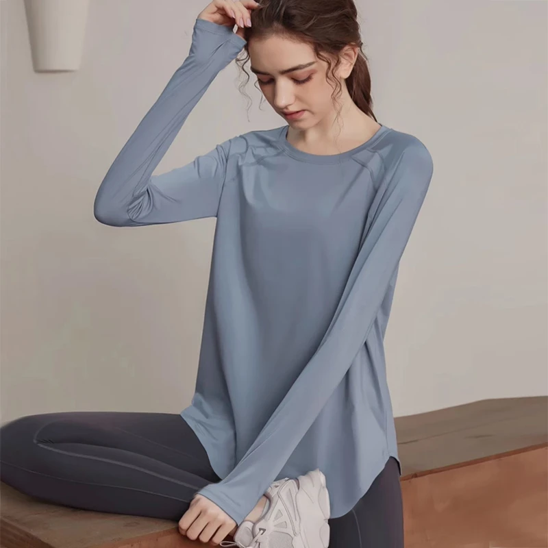 遮P宽松速干女长袖T恤瑜伽服透气跑步健身服大码健身服