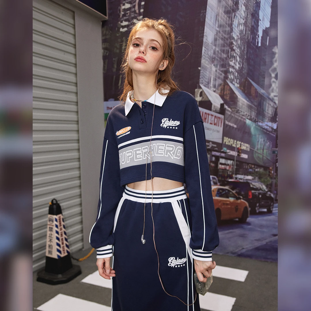 unifree休闲运动套装两件套春秋休闲运动Polo领女式短款卫衣长裙