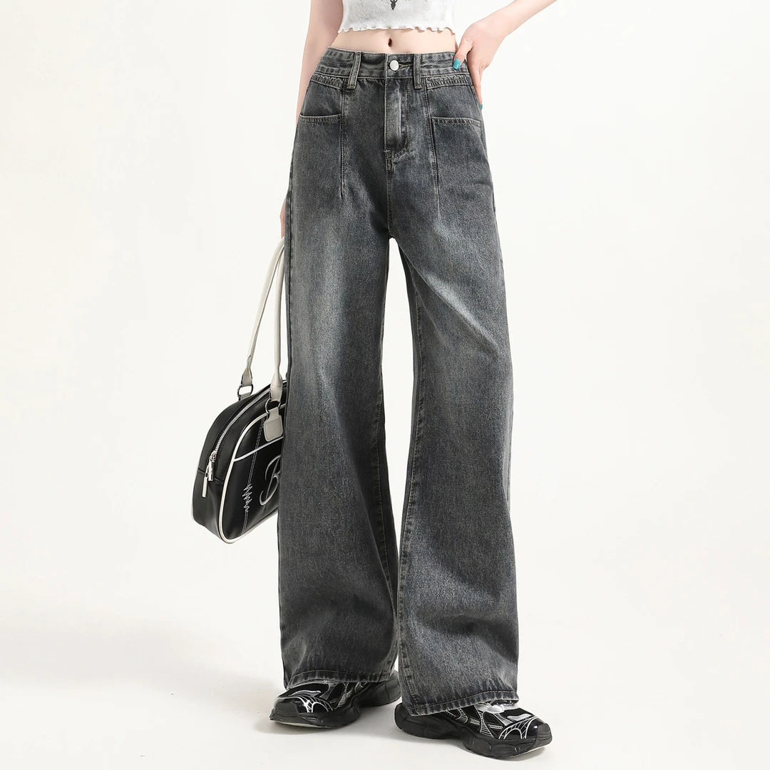 unifree直筒宽松牛仔裤美式复古简约休闲做旧水洗高腰显瘦设计感
