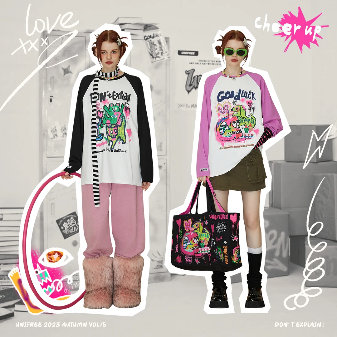 unifree卫衣长袖t恤【野丸子联名】涂鸦拼色宽松秋季情侣插肩袖个性