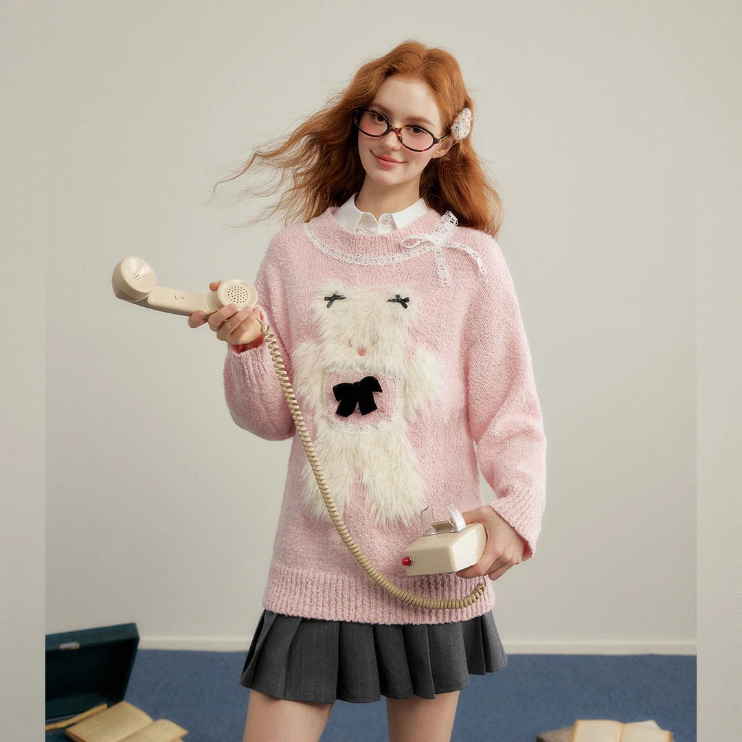 unifree粉色毛衣可爱小熊蕾丝拼接韩版甜美宽松减龄时尚保暖上衣