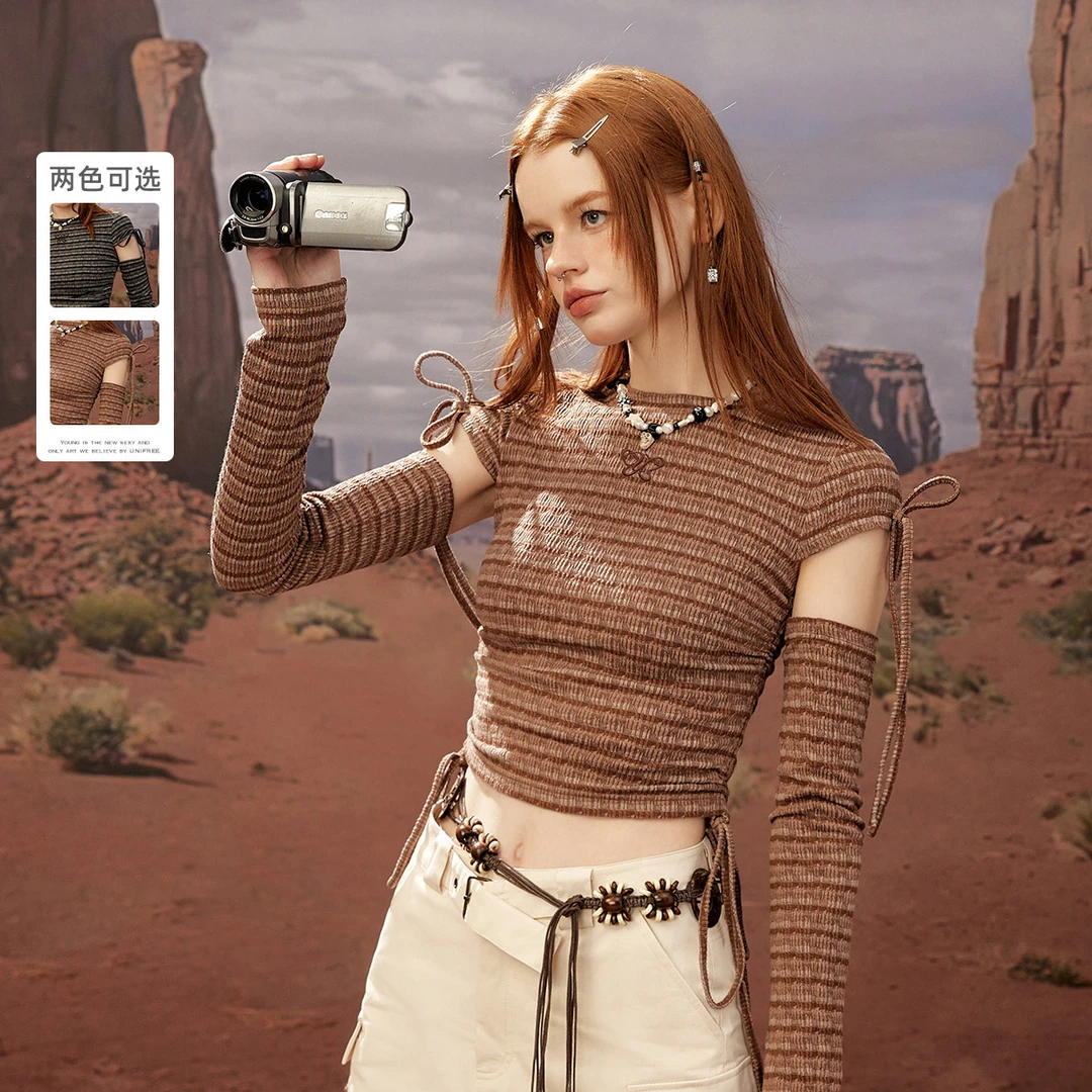 unifree雅丹风条纹短袖T恤女独特别致设计感小众辣妹上衣带袖套