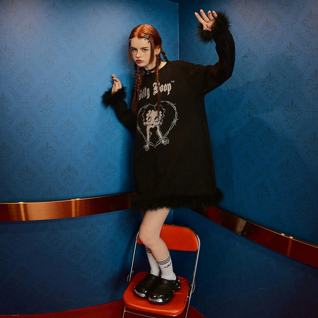 unifree黑色针织衫【Betty Boop联名】秋冬简约情侣宽松重工卡通ins