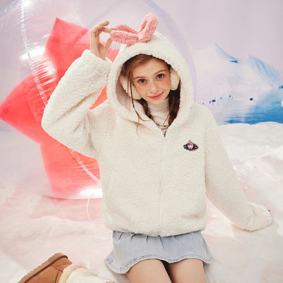 unifree联名款减龄校园连帽仿羊羔绒外套亲子加绒毛绒宽松白色