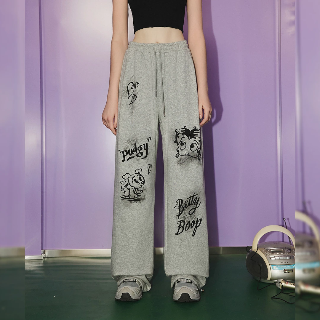 unifree灰色运动裤【Betty Boop联名】简约宽松百搭休闲直筒高街潮