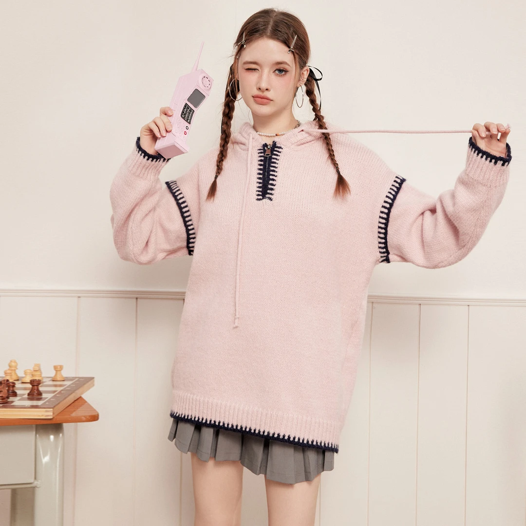 unifree粉色长袖针织衫秋冬甜酷休闲宽松上衣保暖时尚百搭撞色