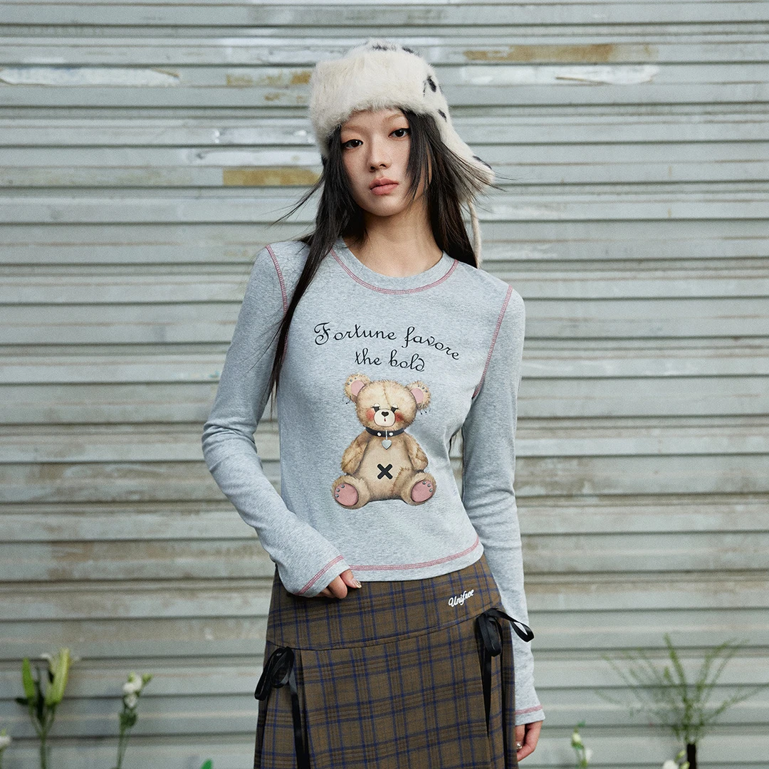 unifree长袖T恤25年春款甜酷可爱小熊印花元气减龄修身圆领