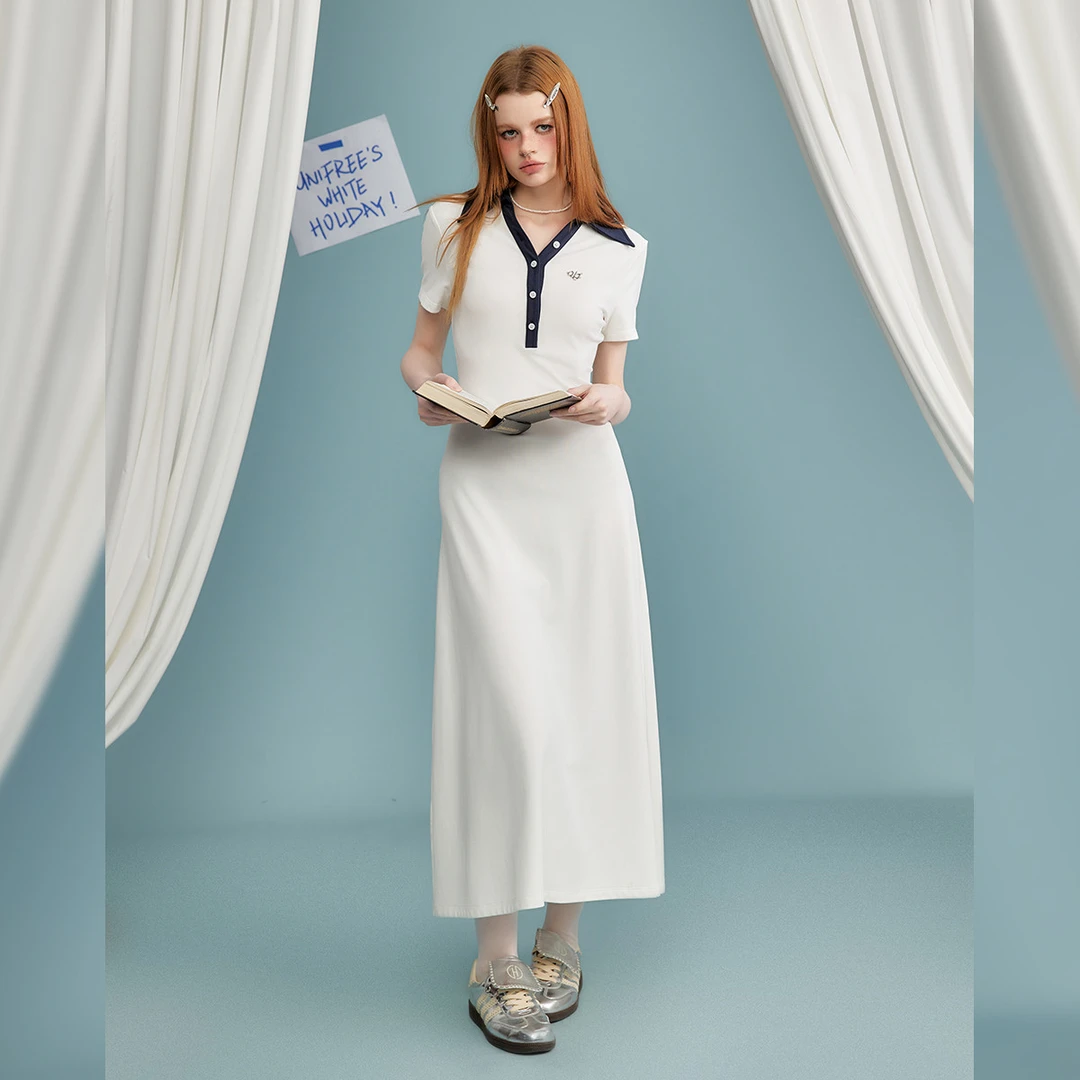 unifree针织连衣裙夏款学院风时髦撞色v领休闲收腰中长款