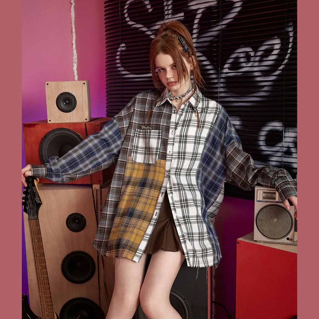 unifree拼接格纹衬衫春季美式复古休闲慵懒撞色带银色金属胸针