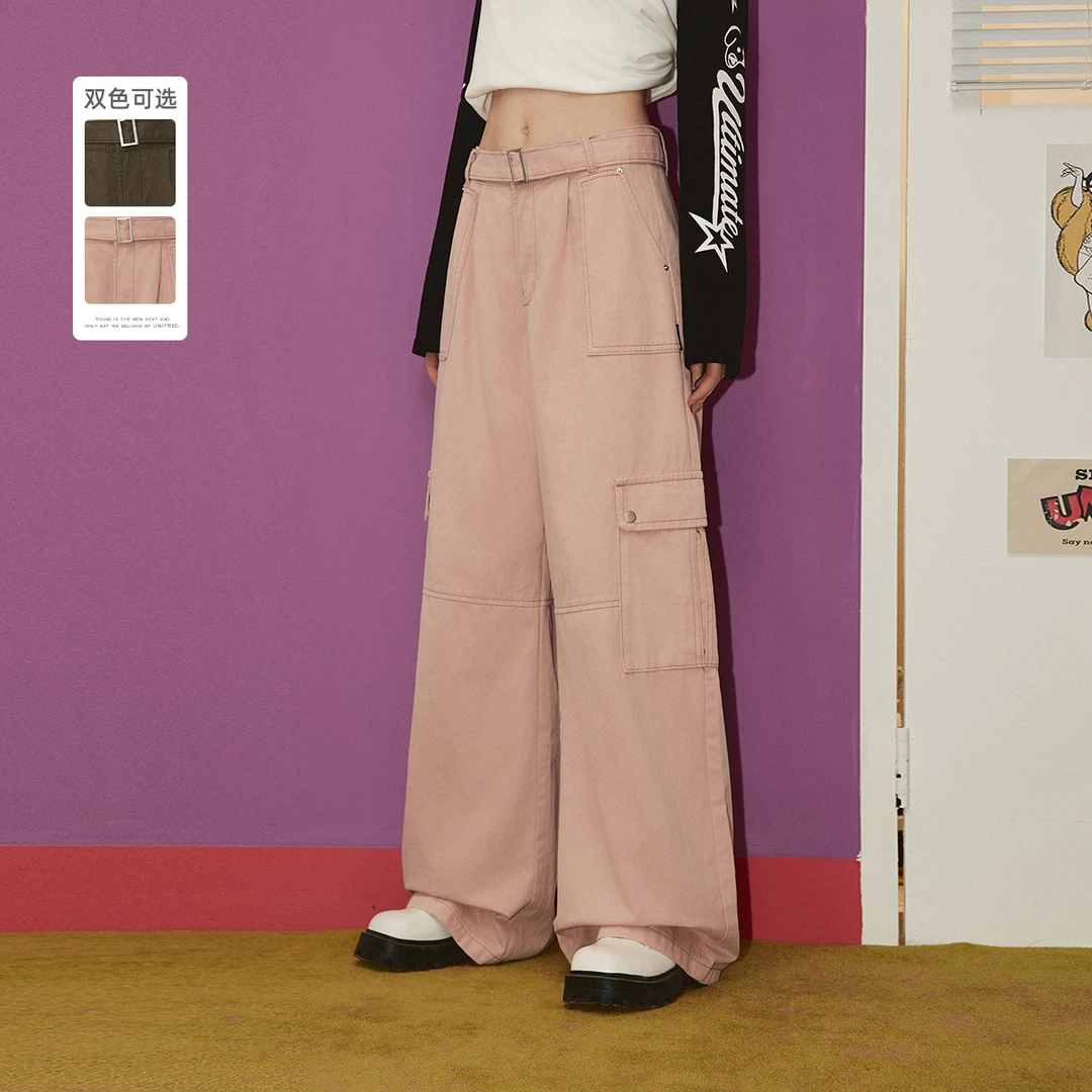 unifree粉色工装休闲裤秋季新款美式复古多口袋阔腿宽松带腰带
