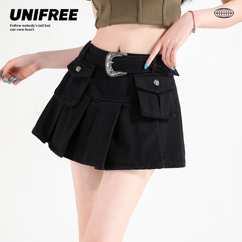 unifree美式辣妹黑色百褶裙夏季新款高腰显瘦工装风口袋a字短裙女