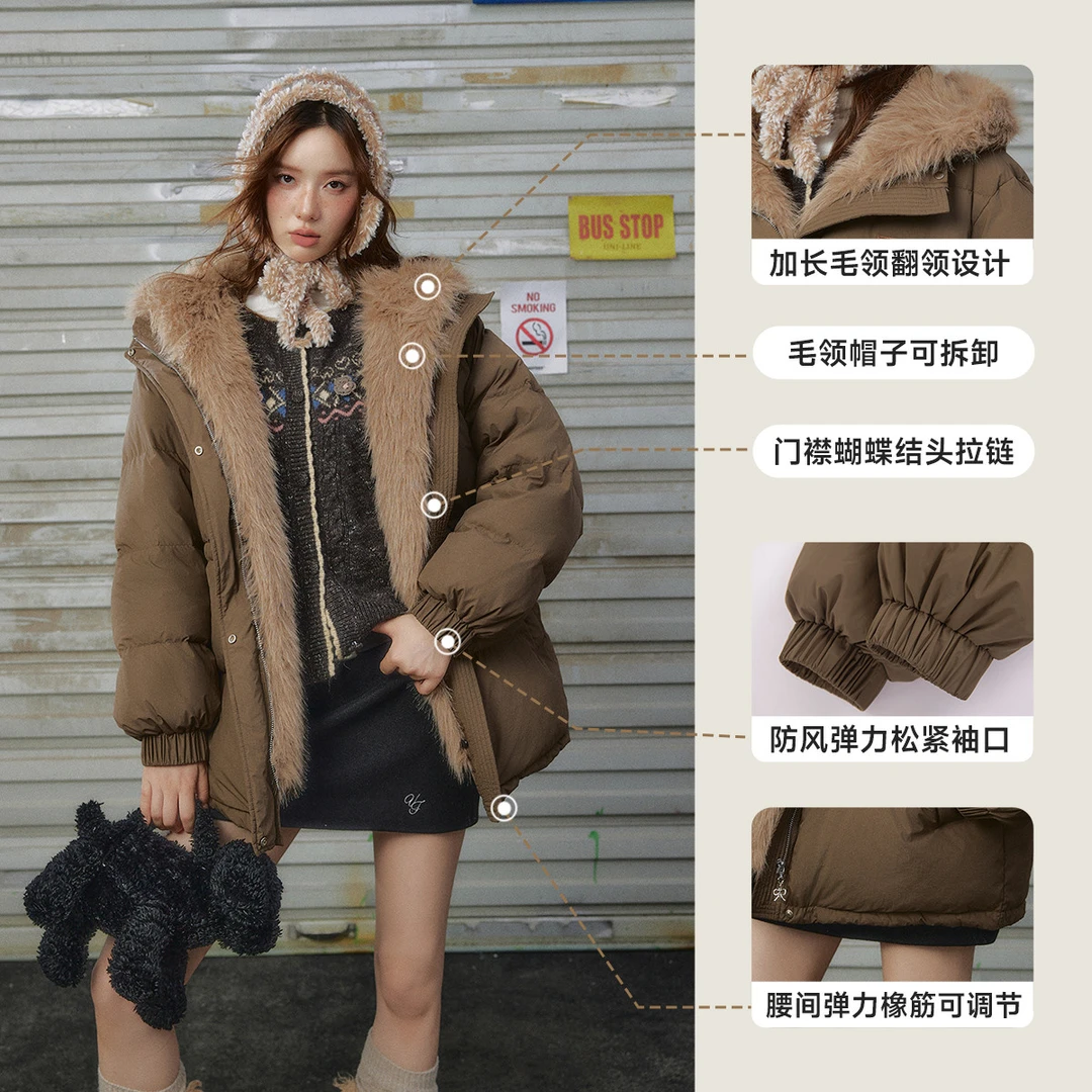 unifree韩版连帽羽绒服毛领帽子可拆卸冬季防风加厚保暖中长外套