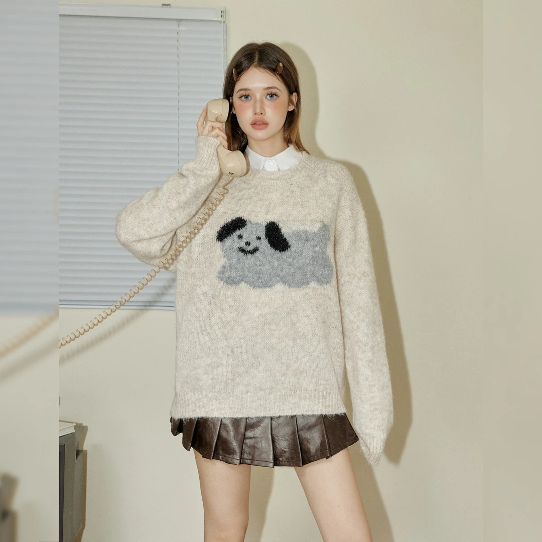 unifree驼色套头毛衣女可爱狗狗提花新款美式慵懒风宽松百搭上衣