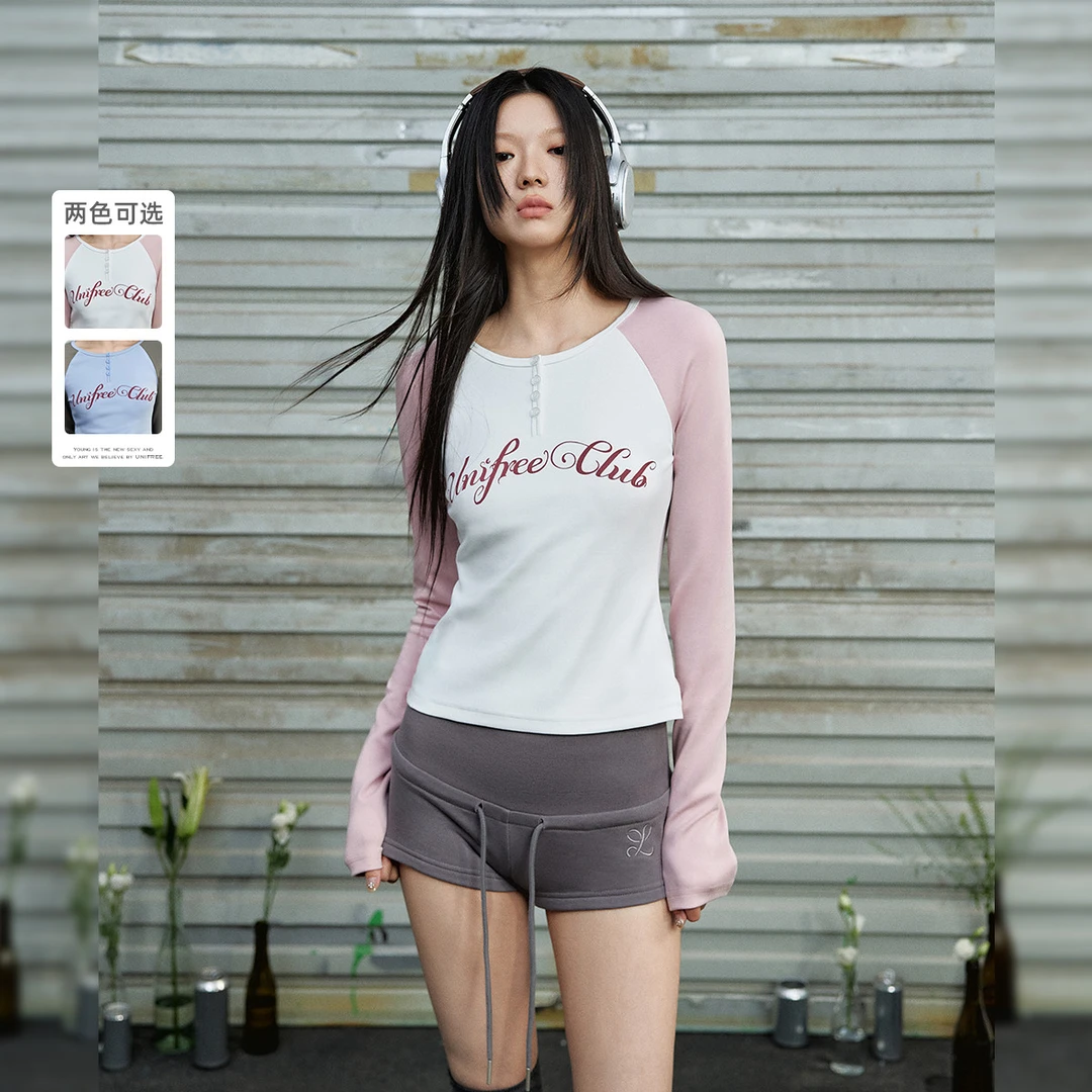 长袖T恤秋款美式复古简约字母印花减龄撞色修身圆领