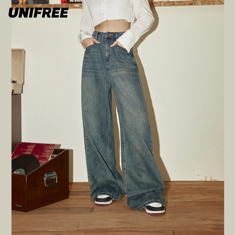 unifree牛仔裤23年秋季新款复古做旧水洗高腰垂坠感宽松拖地直筒