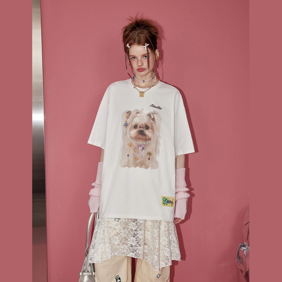 unifree(微瑕介意勿拍）T恤25年夏季新款甜美钻石可爱小狗宽松圆领