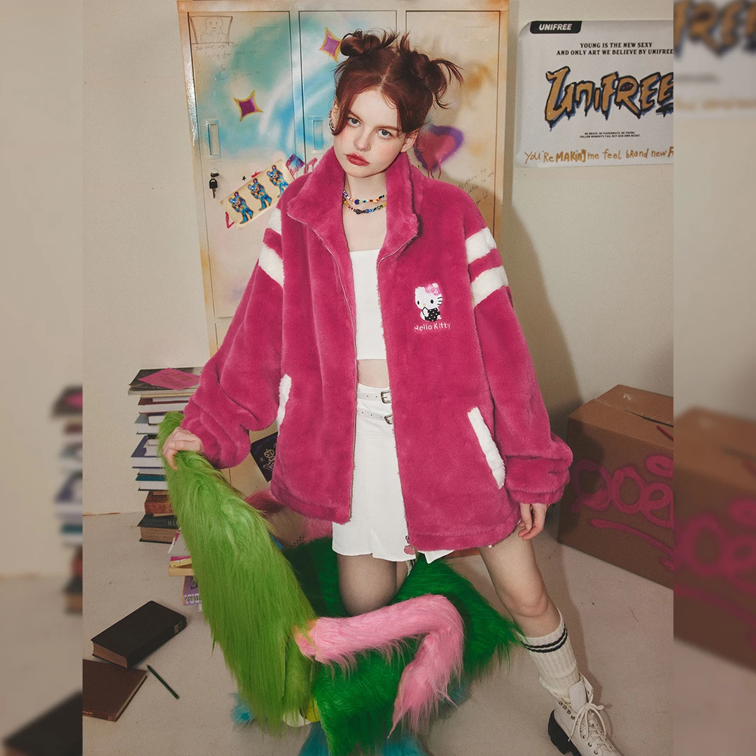 unifree拼接羊羔绒外套HELLO KITTY联名23年秋冬新款美式甜美撞色