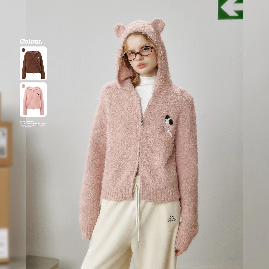 unifree【秋装新品】双拉链连帽针织开衫女可爱耳朵时尚减龄外套