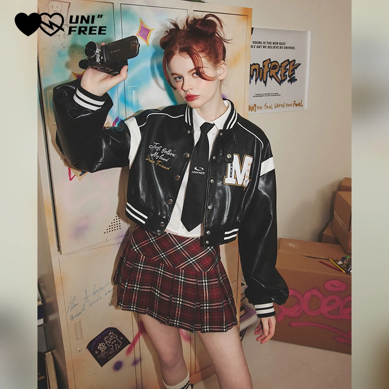 unifree棒球服外套皮衣美式复古撞色宽松短款PU秋季新款黑色早秋