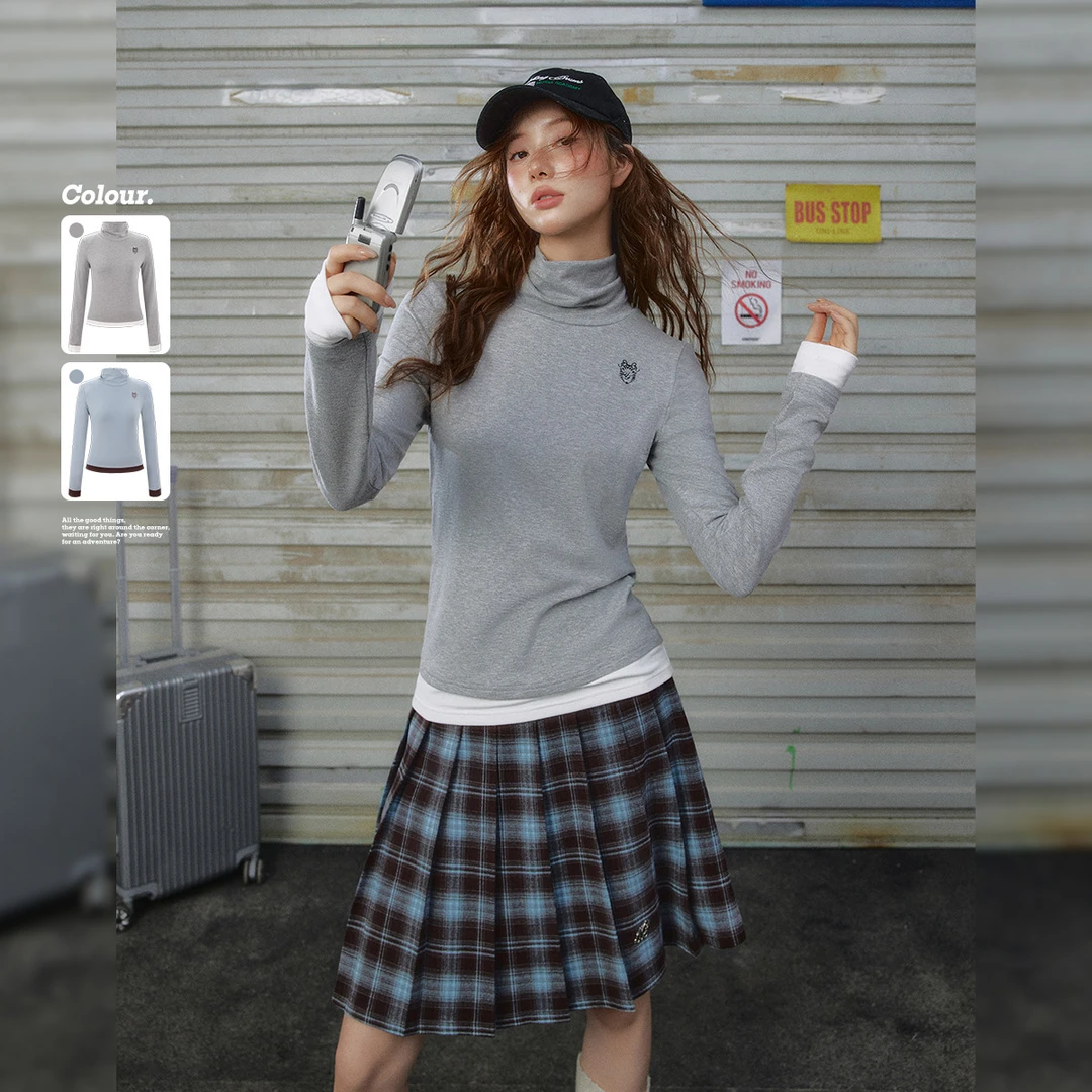 unifree韩系时尚简约精美刺绣假两件休闲修身高领T恤百搭显瘦